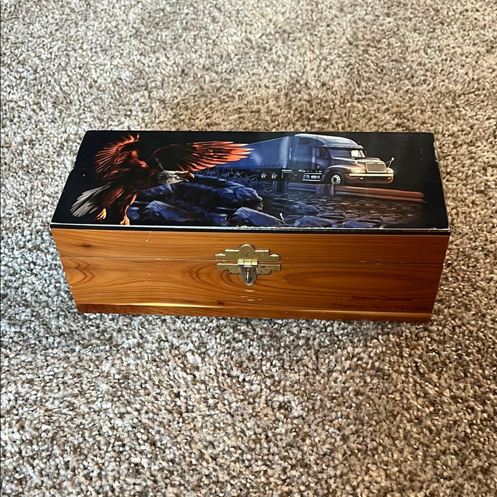 Wooden Box with Eagle and Truck Design